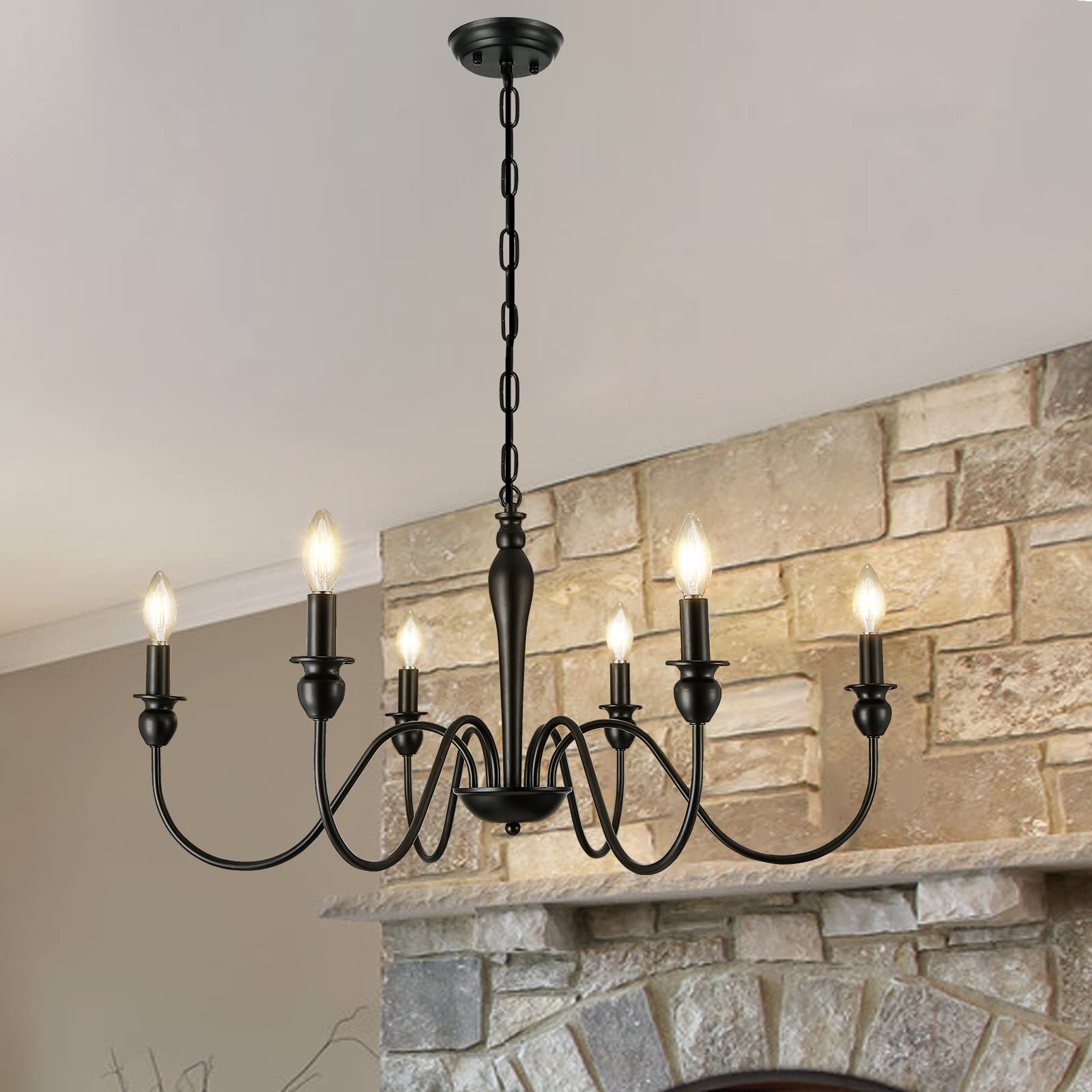 Vintage 32" Industrial Black Chandelier 6-Lights Farmhouse Rustic Vintage Candle Style Chandelier Light Fixture Retro Black Chandelier for Dining Room, Kitchen Island, Living Room, E12