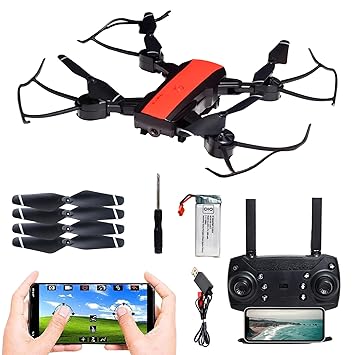 WISHKEY Position Holding Dual Camera Drone with 480P Wifi Camera, Made in India App Controlled Quadcopter Drone with Foldable Design, 1800mAh Battery, Ideal for 14+ Years (Pack of 1, Black-Red)