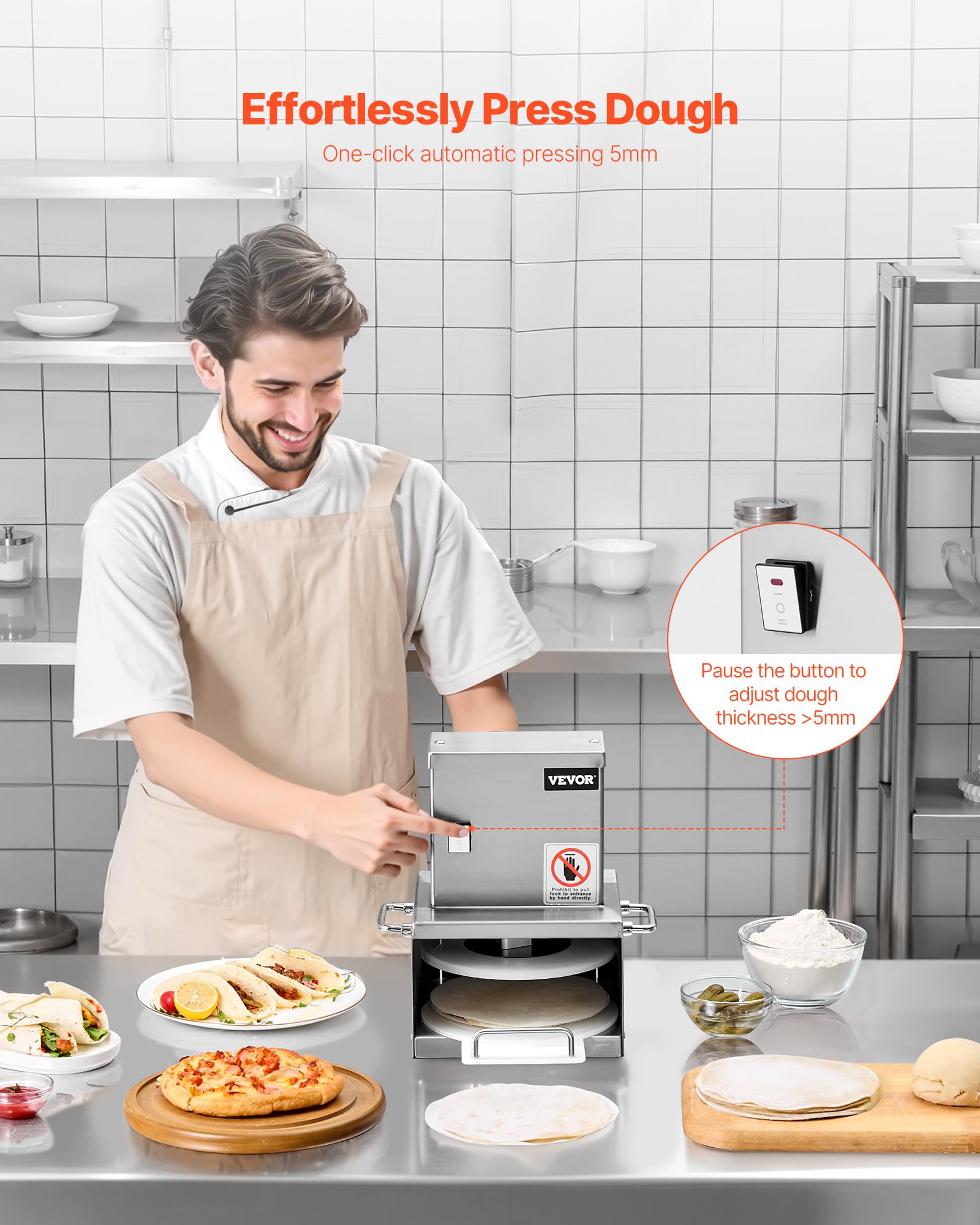 VEVOR Macchina per Pressatura della Pasta per Pizza Elettrica in Acciaio Inossidabile, Piastra per Pressatura della Pasta per Pizza, con Spessore Regolabile, con 100 Fogli di Carta da Forno