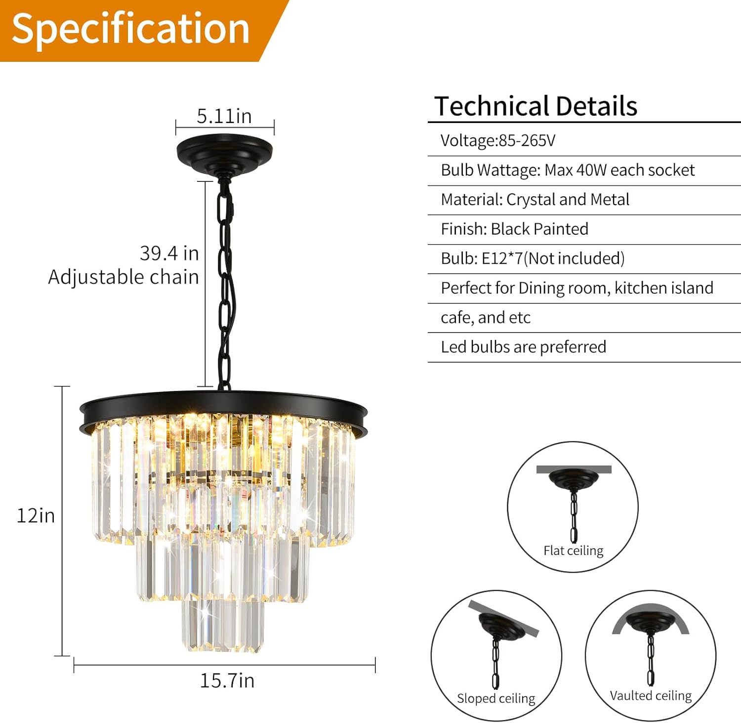 Modern Black Crystal Chandelier 3-Tier Round Chandeliers Pendant Ceiling Light Fixture Flush Mount for Dining Room Living Room Bedroom Foyer Hallway Entryway W16