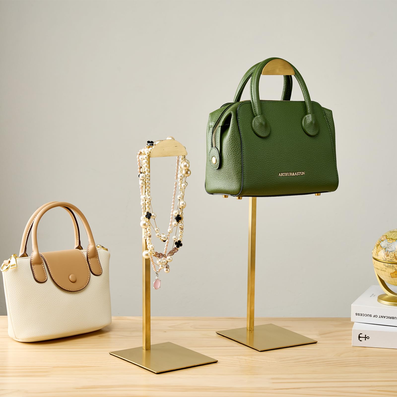 CHANJEYION Purse Display Stand, Set of 2 Handbag Display Stand Vendors Purse Rack Stainless Steel Hanging Hook Stands Tabletop for Bag Organizer Adjustable Height Home Store Boutique Counter