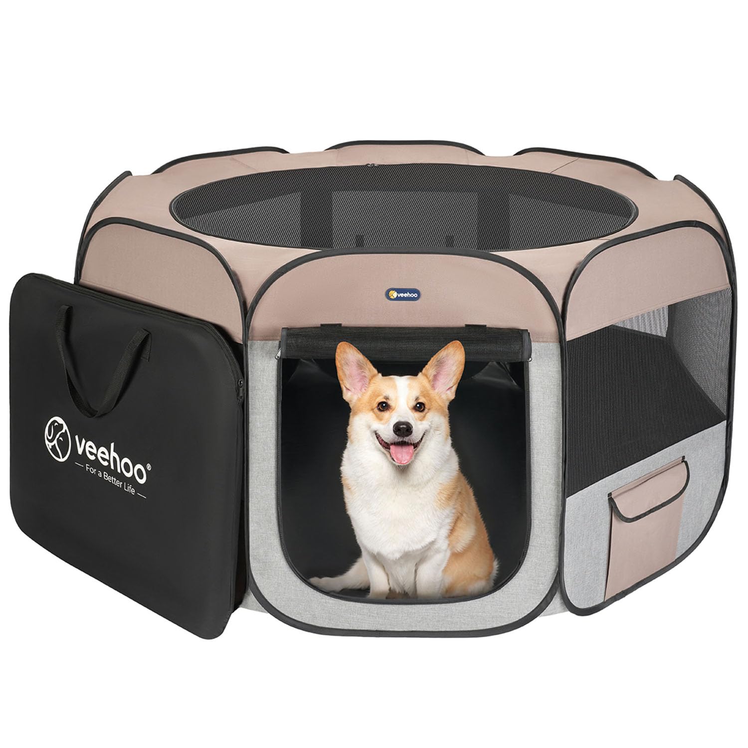 Veehoo Portable Dog Playpen - Large Dog Playpen Indoor/Outdoor with Removable Zipper Top, Foldable Dog Play Pen Pet Playpen with Carrying Case, Grey