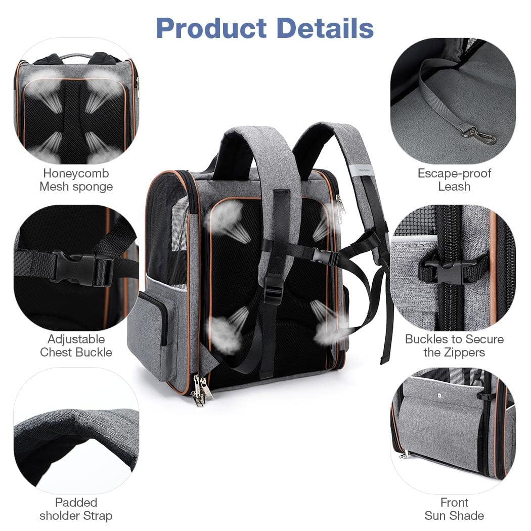 Transportin Gato Extensible con 4 Entradas | Mochila Gato Transpirable - Transportin Perro Pequeño con Arnés Interno - Mochila Perro Carga Máxima 8kg - Gris & Alfombrilla Refrescante