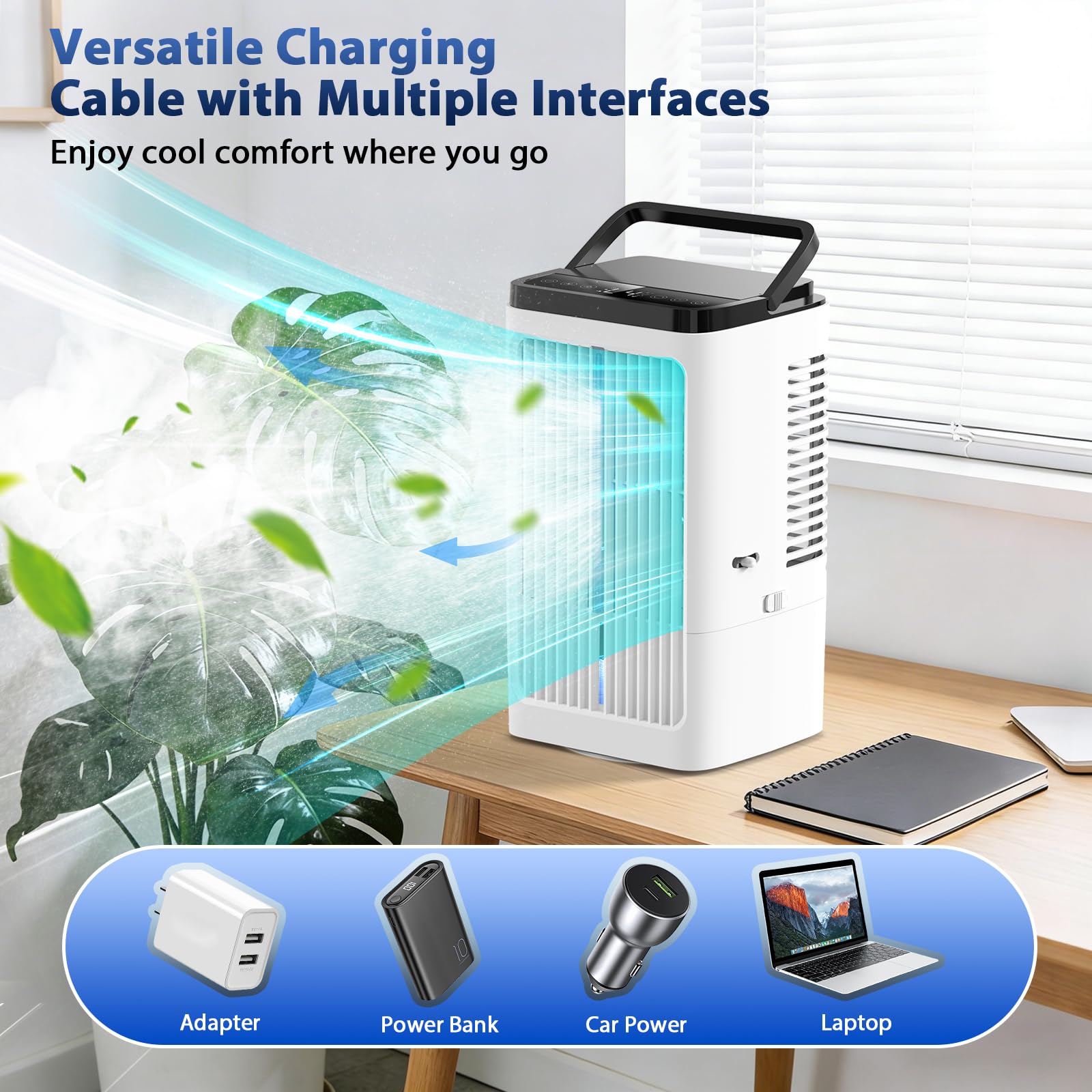 Condizionatore Portatile 1200ML, Raffrescatore d'aria con 2 modalità di nebulizzazione, 4 Velocità, Ventilatore USB, Timer 8 Ore e Oscillazione a 90° pour Cucina Camera da letto Ufficio, Bianco