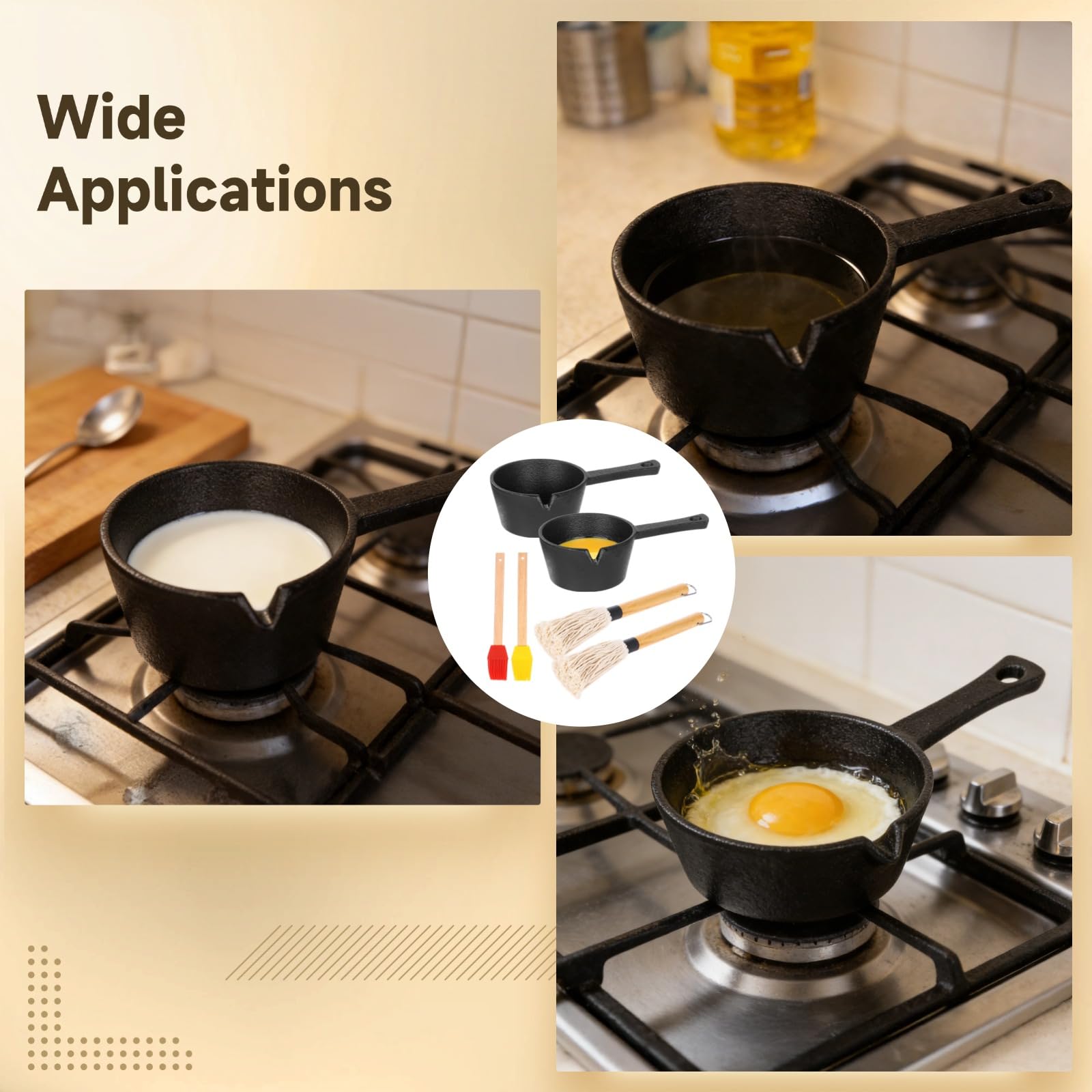 2 Pcs Cast Iron Basting Pot Set, 400 ml / 13.53 fl oz Deep Pan with Oil Spout & Wide Handle, Includes BBQ Mop Brush & Wooden Tea Brush for Outdoor Grilling — view 5