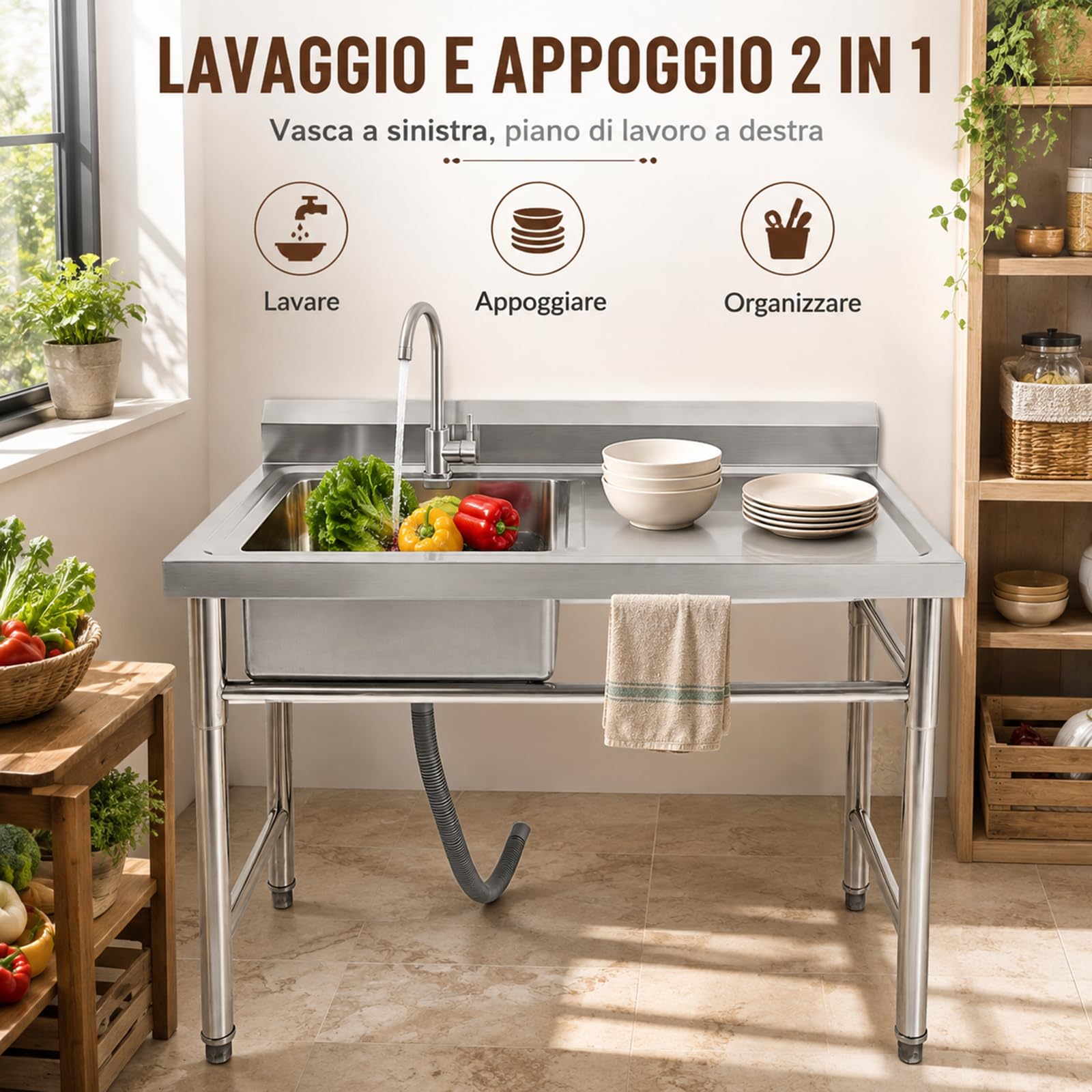 Lavello Inox Professionale 100x60x93 cm Vasca Sinistra e Rubinetto | Vasca sinistra con piano laterale, rubinetto 360°, scarico filtrato, piedini regolabili, struttura stabile fino a 200 kg