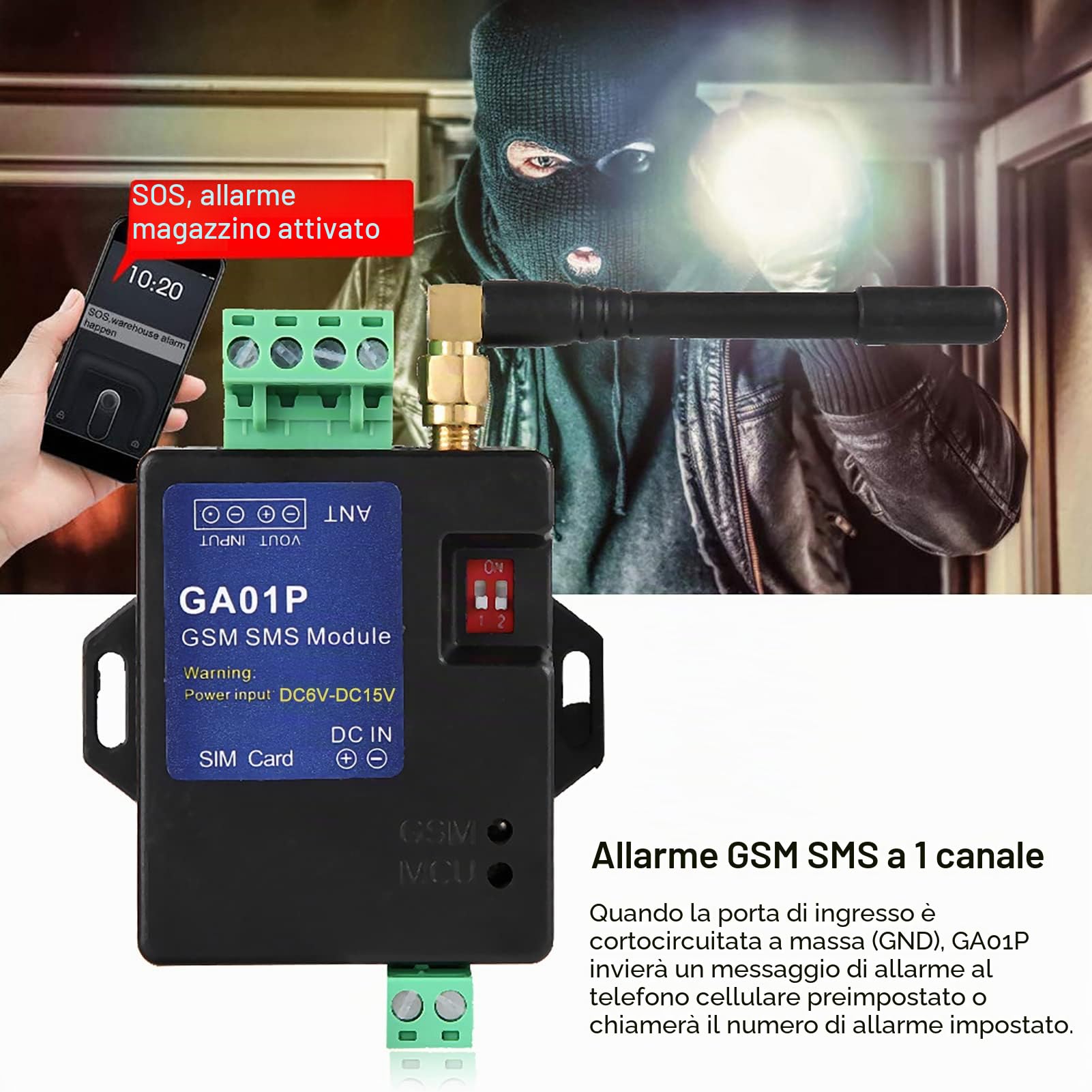 Fockety Allarme di interruzione di Corrente di gsm, GA01P Mini Smart Remote Power Failure Alert Invia Messaggio per 6 telefoni cellulari preimpostati, Allarme di monitoraggio dello Stato