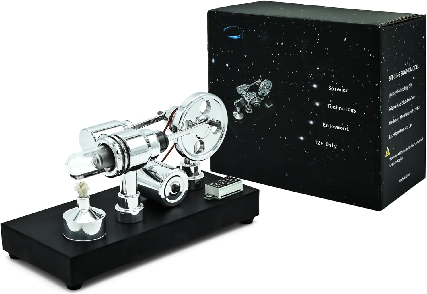 NIKOLATOY Mirror-Polished Stirling Engine with Voltmeter & USB Plug – Desktop Mechanical Demonstration Model for Adult Engineering Enthusiasts (Mirror Polished)