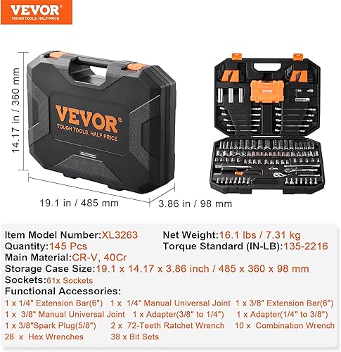Miniatura 6 de VEVOR Juego de herramientas mecánicas, llaves profundas y estándar de 14 y 38 pulgadas, SAEMétrica, 145 piezas, llave combinada, llaves hexagonales,