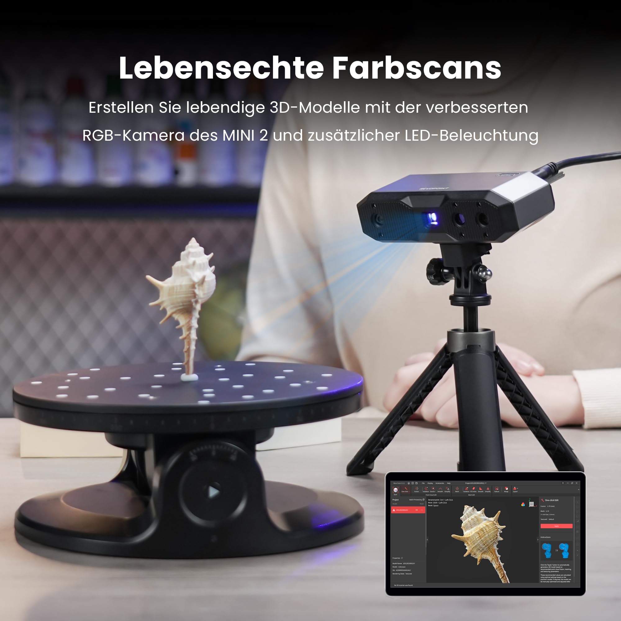 Revopoint MINI 2 Handheld 3D Scanner für 3D Druck, 0.02mm Präzision, 16 fps schnelles Scannen, Industrielles Blaulicht, Portabler Farb-3D-Modellscanner für Dental, Schmuck & kleine Objekte, Advanced