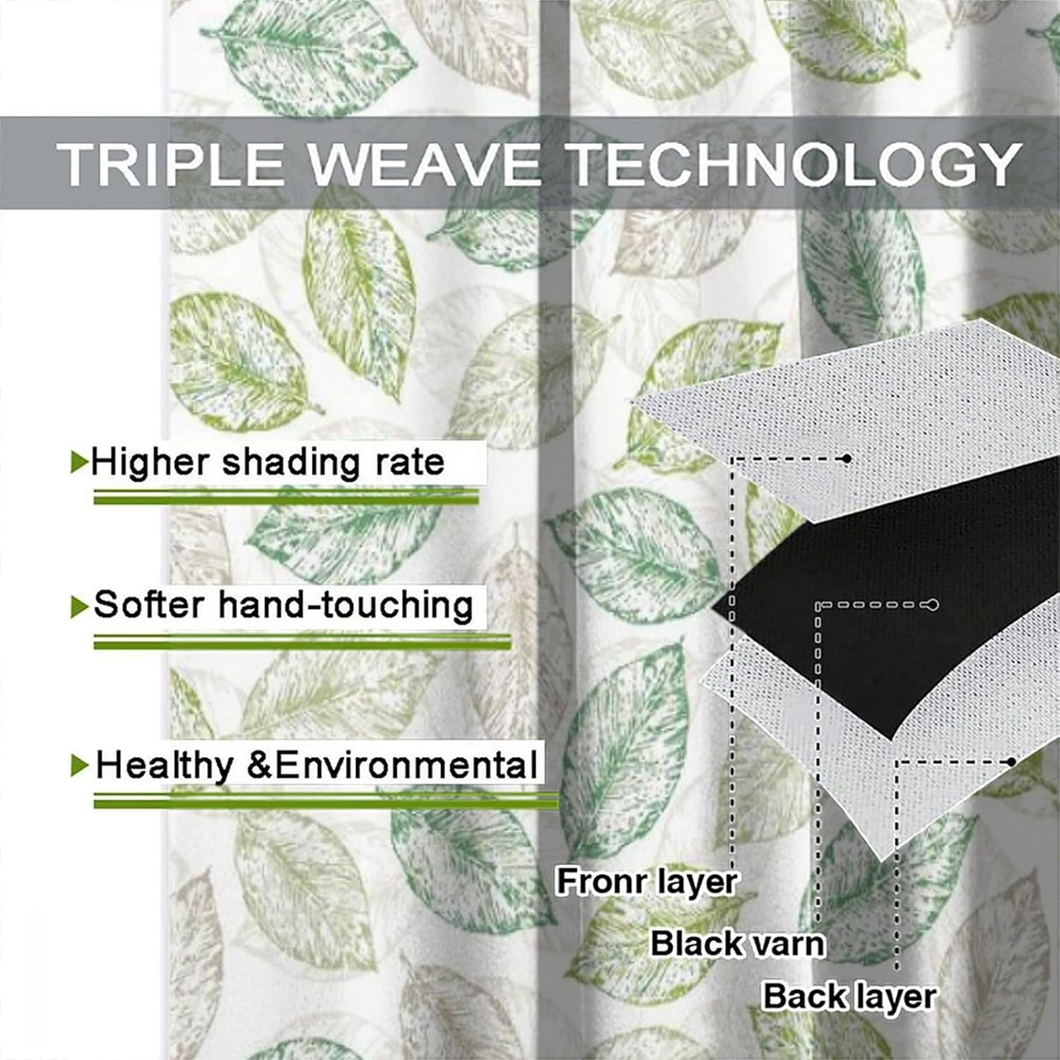 Modern Art Plants Curtains,Green Beige Leaves Print Window Treatments for Bedroom Living Room Kitchen Office Café Minimalist Design Window Drapes 2 Panels Total Size 42 x 63 Inch