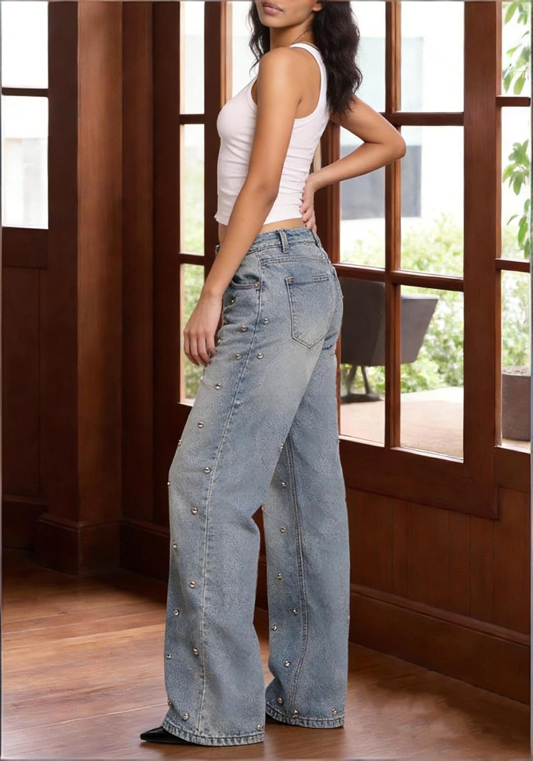 LETSVDO Womens Sparkly Studded Jeans High Waisted Straight Wide Leg Rivets Embellished Pants Baggy Glitter Denim Trouser