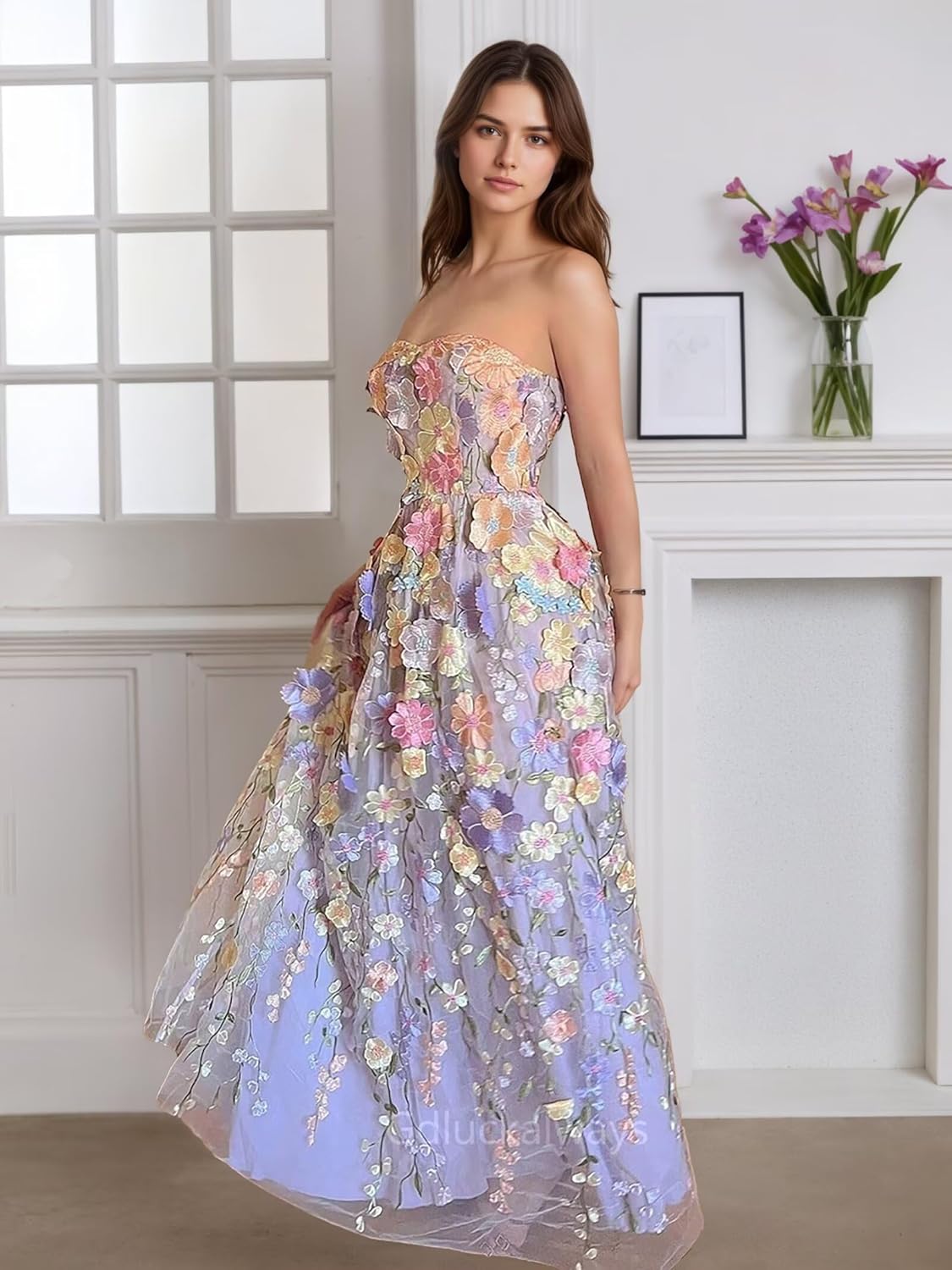 3D Floral Embroidery Sweetheart Prom Dress Strapless Tulle Formal Evening Dresses Long Lace Up Back Ball Gowns GL0163
