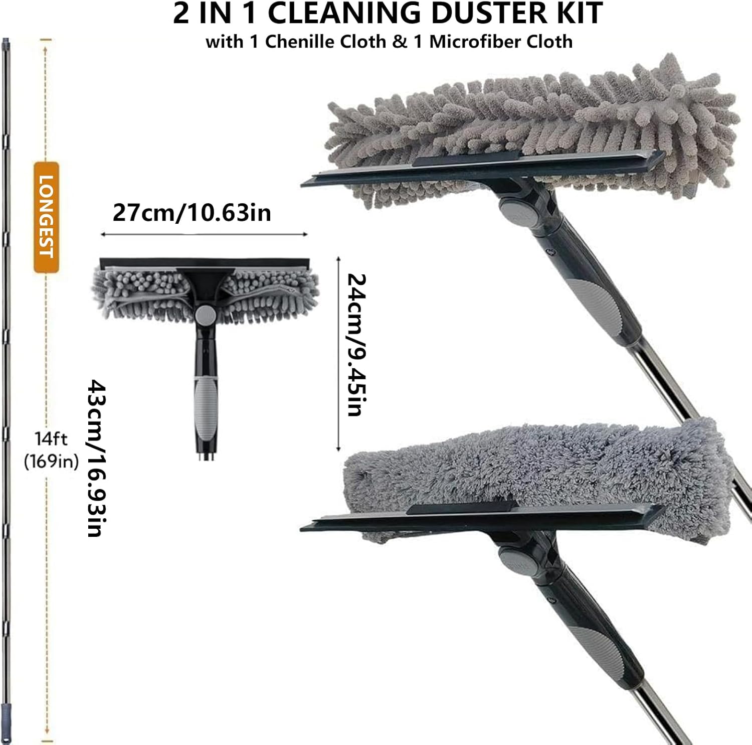 Window Cleaning Squeegee - Glass Cleaner Tool | 10 Sections Rods | Extension Pole Rotatable Head 2 in 1 Washing Equipment | 15ft Retractable Window Cleaner for Indoor Outdoor Mirror Car Glass Shower