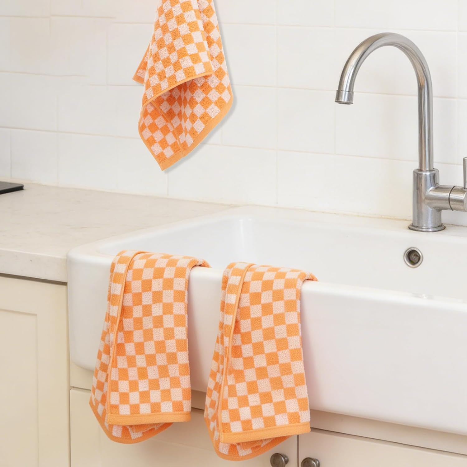 3 Pack Orange Checkered Hand Towels 100% Cotton Absorbent Soft Decorative Towel for Bathroom Kitchen Home Hotel Beach, 29.5 x 13.4 Inches