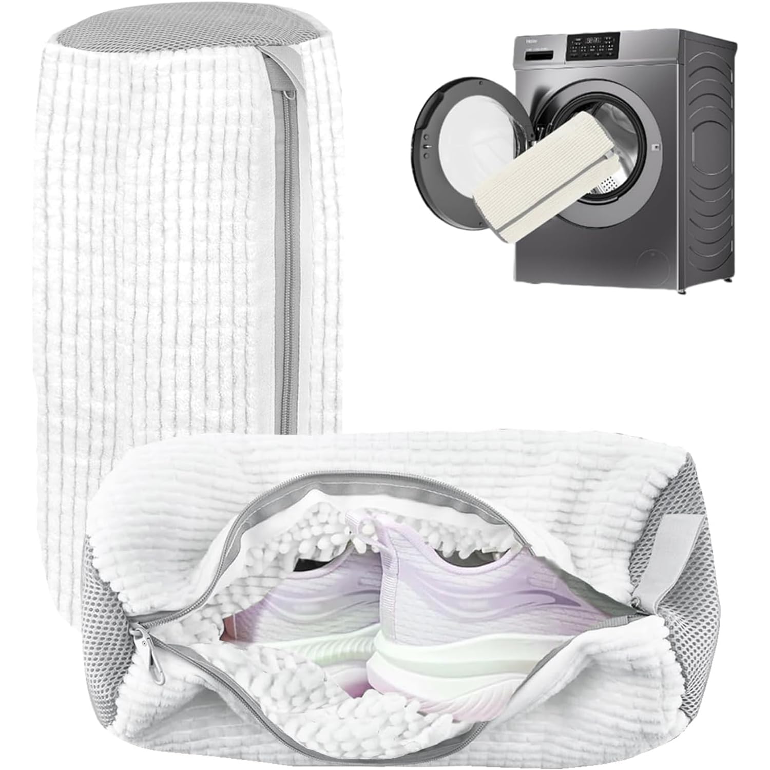 2PCS Shoe Washing Machine Bag, Reusable 360° Protection Trainer Washing Machine Bag with Zipper, Heavy-Duty Laundry Shoe Bag Shoe Cleaning Bag for Trainers, Running Shoes & Delicates (White)