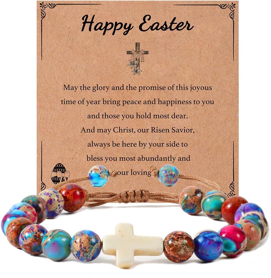 enasal Easter Basket Stuffers for Teens Girls, Nature Stone Easter Gifts Cross Bracelet, Christian Gifts Inspirational Jewelry