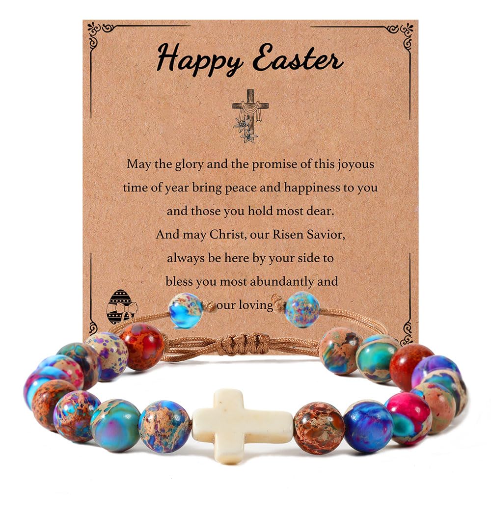 enasal Easter Basket Stuffers for Teens Girls, Nature Stone Easter Gifts Cross Bracelet, Christian Gifts Inspirational Jewelry