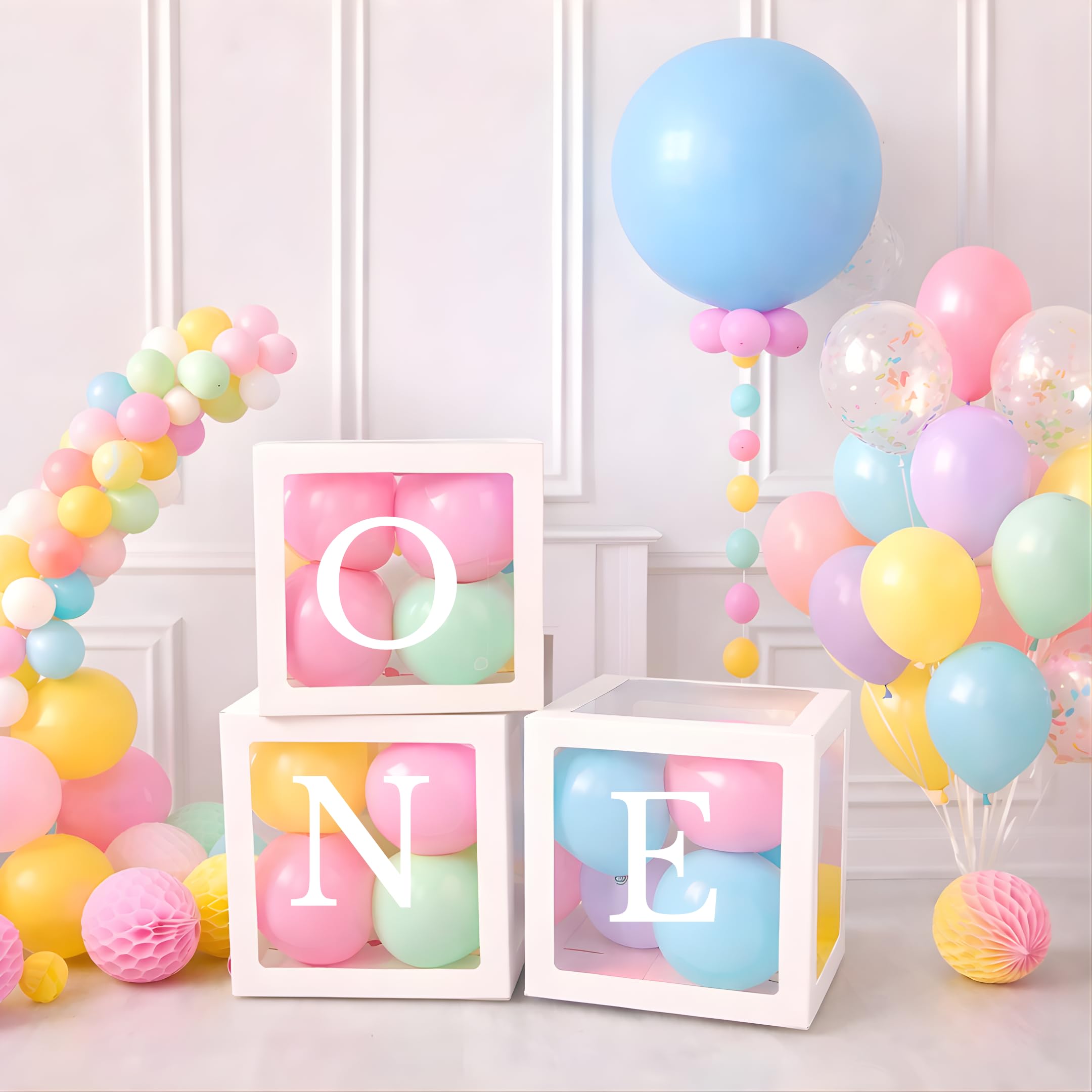 ONE' Balloon Box Set - Stylish Lettered Decor for First Birthday & Aniversary Celebration (One Birthday Box) 28 pcs set (Pastel Rainbow)-image-21