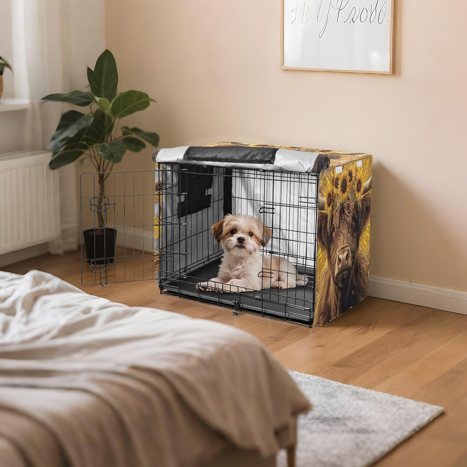 Vintage Highland Cow Sunflowers Dog Crate Cover S-XL Washable Pet Crate Cover with Roll-up Sides, Reduces Barking, Large