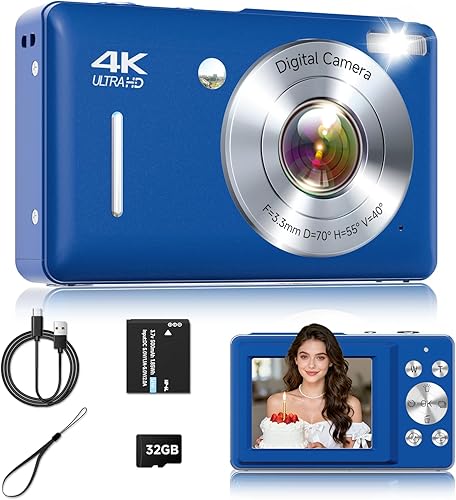 Cámara digital, 44MP FHD 1080P apuntar y disparar cámara digital con zoom de 16X, pequeña cámara compacta con detección facial, tarjeta SD de 32 GB,