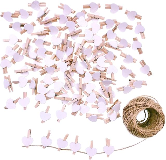 JZK 100 x Mini Wooden White Heart pegs 3cm + Jute Twine String 30m for Wedding Party Photo Holder Card Decoration and DIY Craft