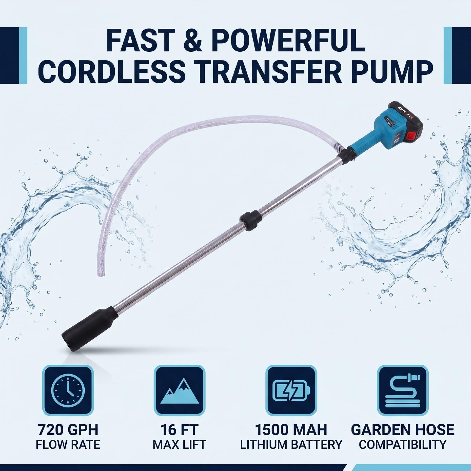 Fockety Kabellose Wasserpumpe, Batteriebetriebene Transferpumpe, Kabellose Stick-Transferpumpe mit Geschwindigkeitsregelung für Pool, Garten, Teich, Boot, Keller, Wohnmobil, Regeneimer (EU-Stecker)