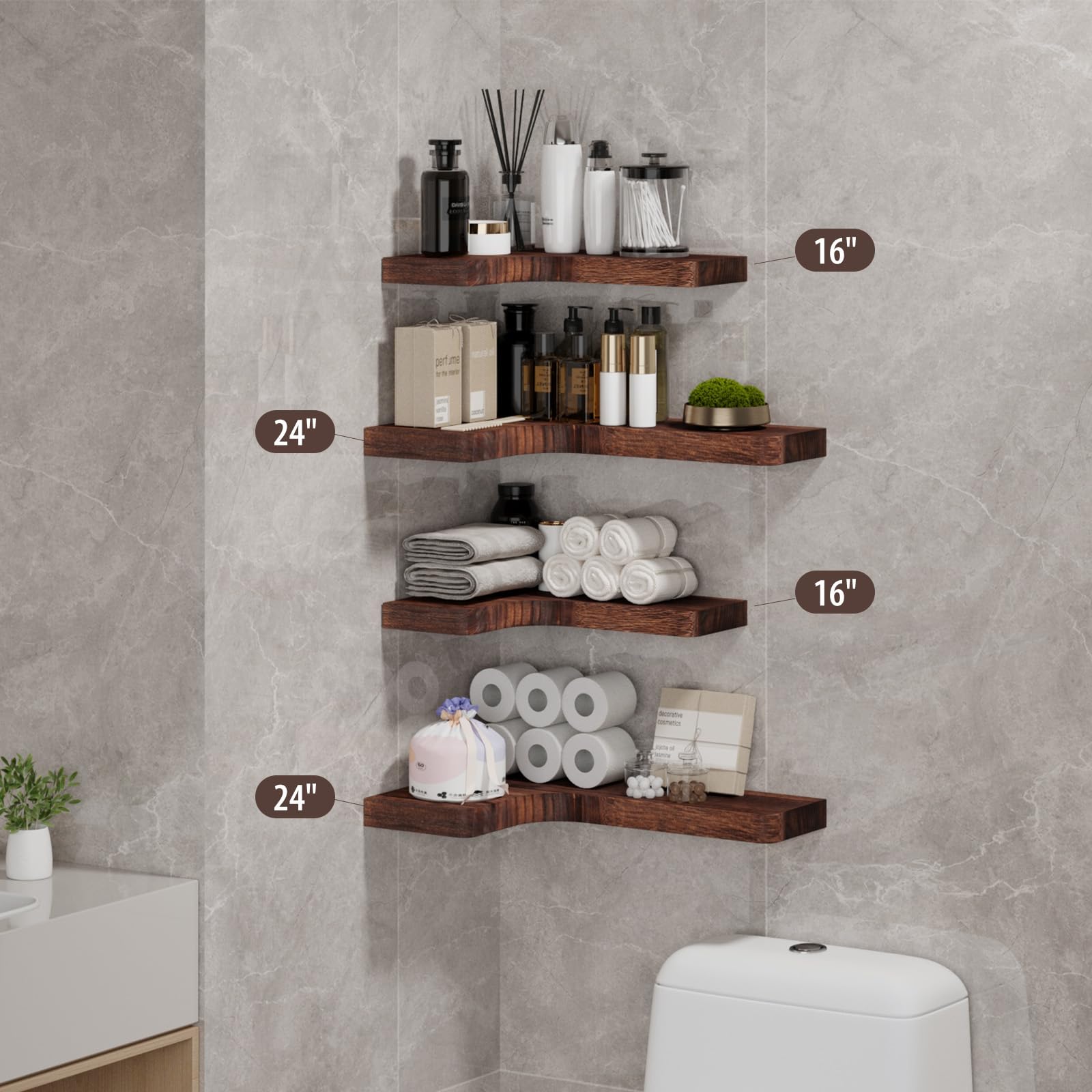 SAUMONIERES Estantes flotantes de esquina para montaje en pared, madera maciza para dormitorio, baño, cocina, almacenamiento, juego de 3, marrón rústico, soportes invisibles
