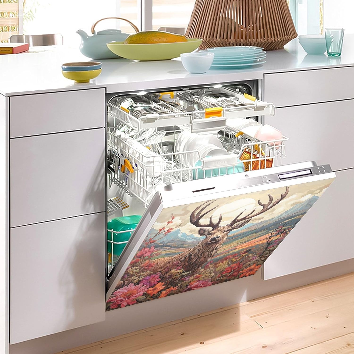 Kigai Deer Flowers Dishwasher Magnet Cover Decorative Magnetic Dish Washer Front Door Cover Panel Decal Trimmable Magnet Sticker for Kitchen Appliance Decor 23 x 26 Inch