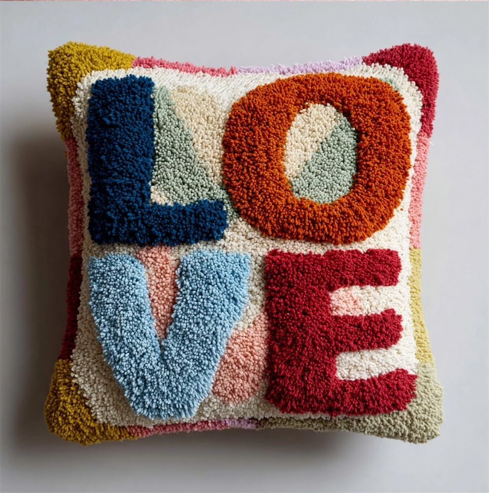 kitphoenix Latch Hook Cushion Kit -Love 17X17Inch, DIY Needlework Pillow Cover Cushion Rug Making Kit for Adults