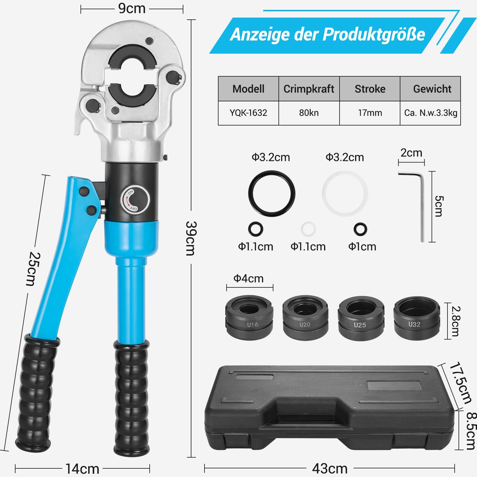 Pince a Sertir Multicouche U,Sortie 8T, Tubes en Aluminium-Plastique/Pex/PB,Pince à Sertir avec Tête Rotative à 360° et Poignée Ergonomique en Caoutchouc,Pour Raccords sur Tubes: U16, U20, U25, U32