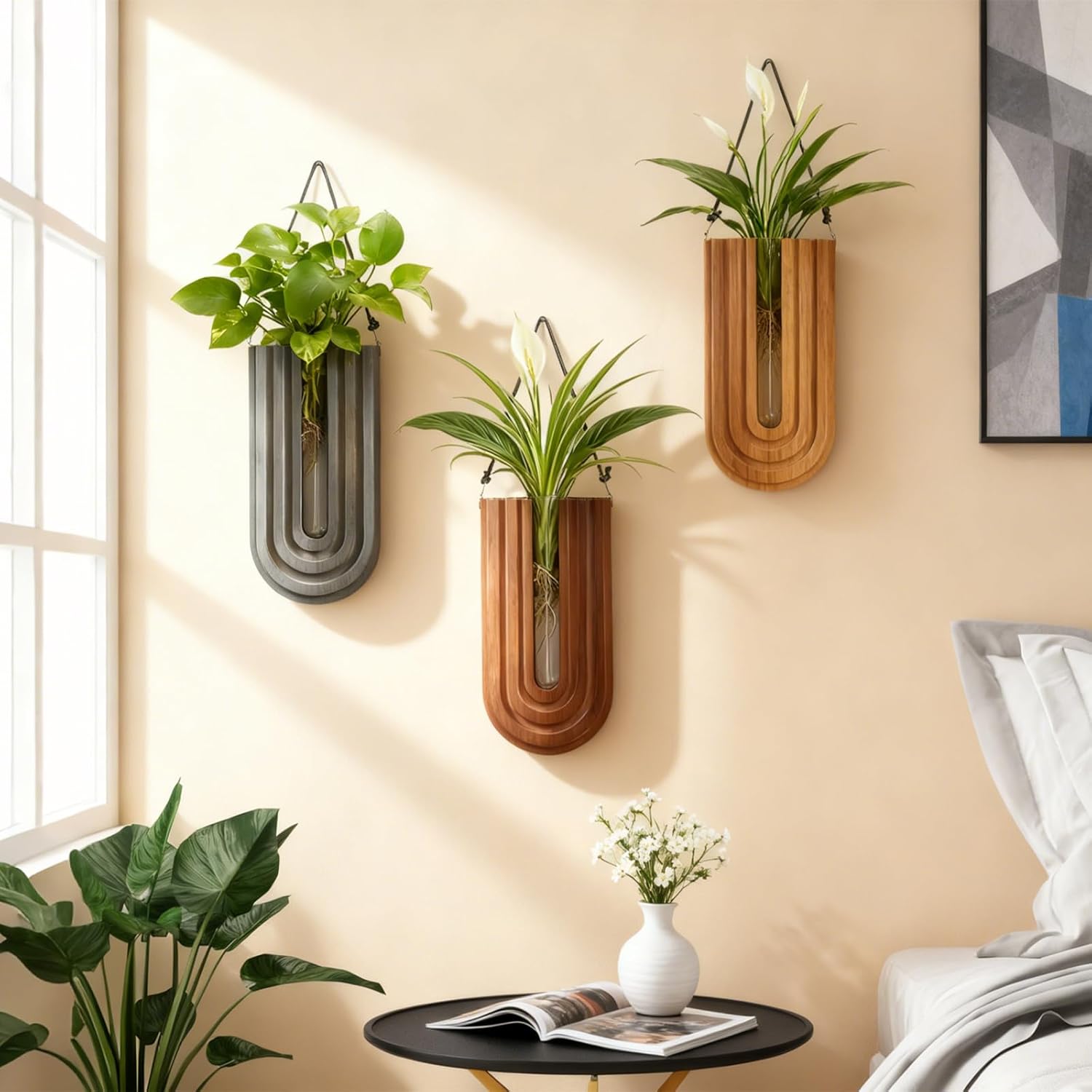 Wall Mounted Wooden Propagation Station Set of 3 - Boho Hanging Indoor Wall Planter Vases for Plants & Flowers, Handmade Rainbow Decor for Living Room, Entryway, or Home Gallery Display - Image 2
