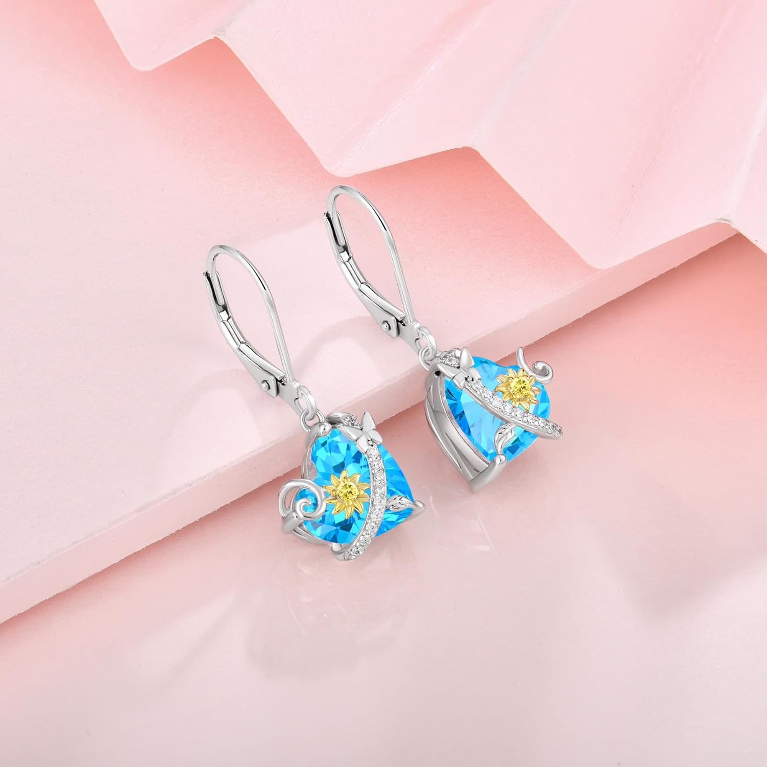 Sunflower Dangle Drop Leverback Earrings for Woman 925 Sterling Silver Cubic Zirconia Birthstone Jewelry Gifts for Valentines, Mothers Day - Image 3