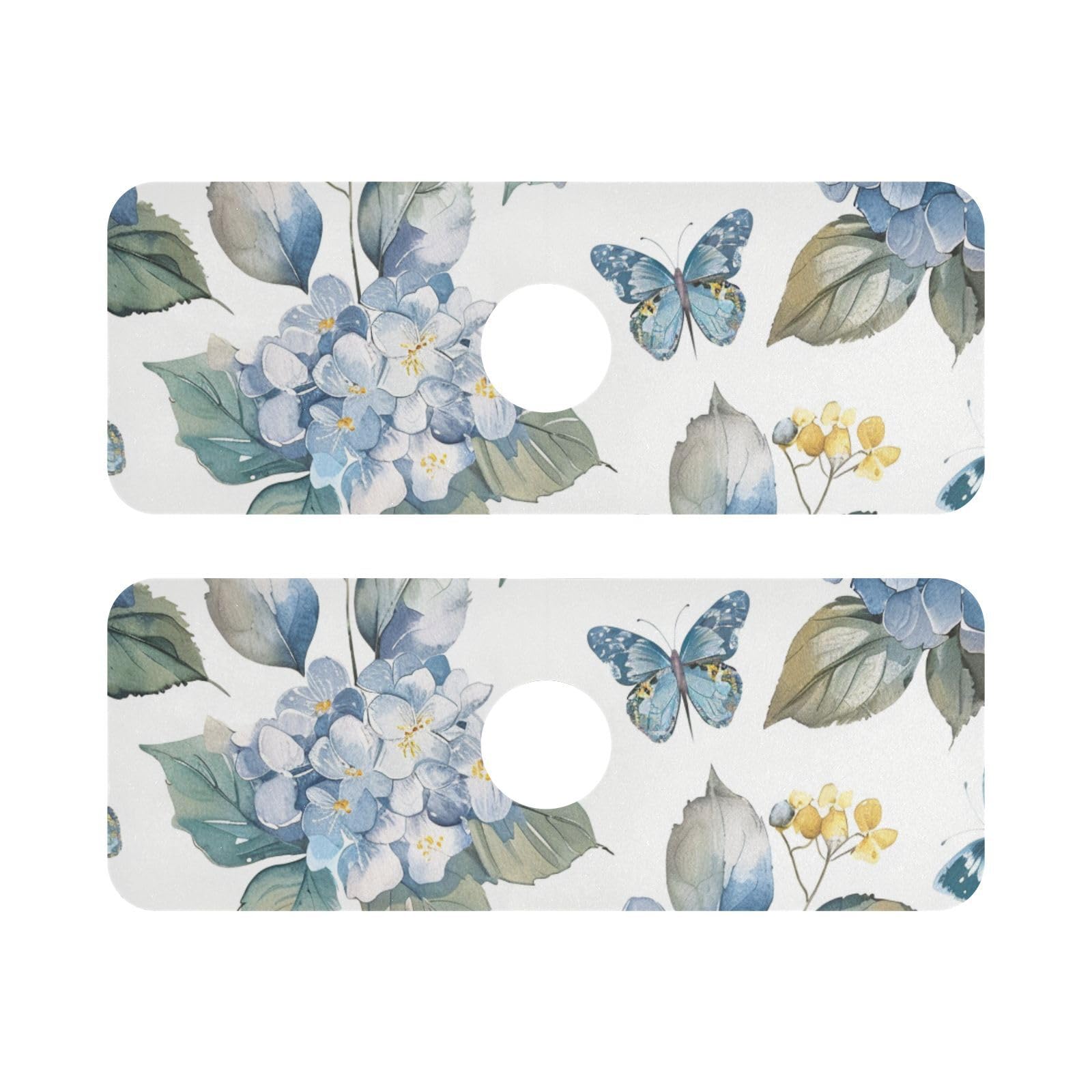 Blue Hydrangea Butterfly Kitchen Sink Splash Guard Faucet Mat Diatomite Absorbent Pad for Bathroom RV 14.7x5.4in 2PCS water