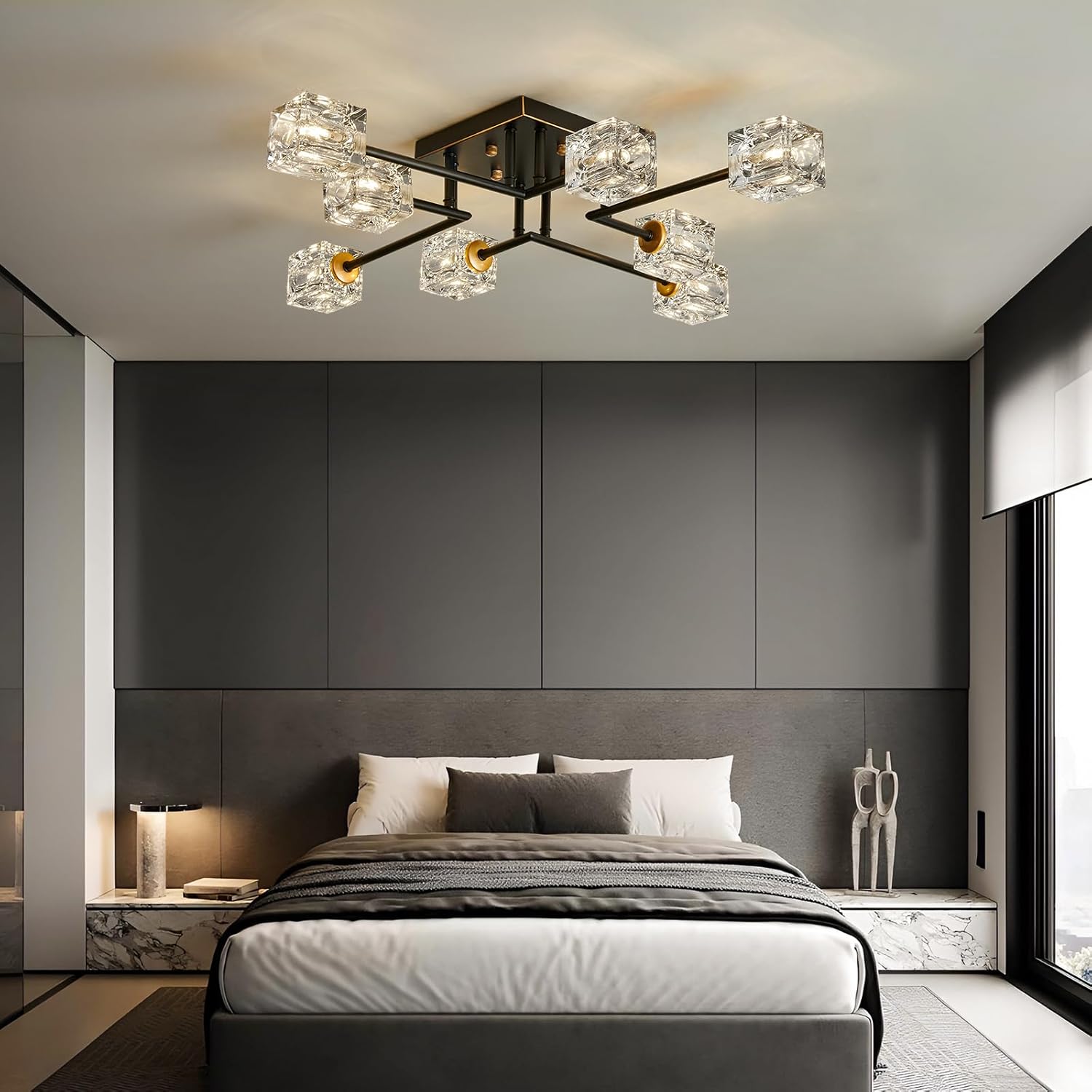 Modern 8-Light Semi Flush Mount Ceiling Light Fixture Black and Gold Chandelier Farmhouse Ceiling Lamp for Dining Room Bedroom Bathroom Entryway Hallway Stairway