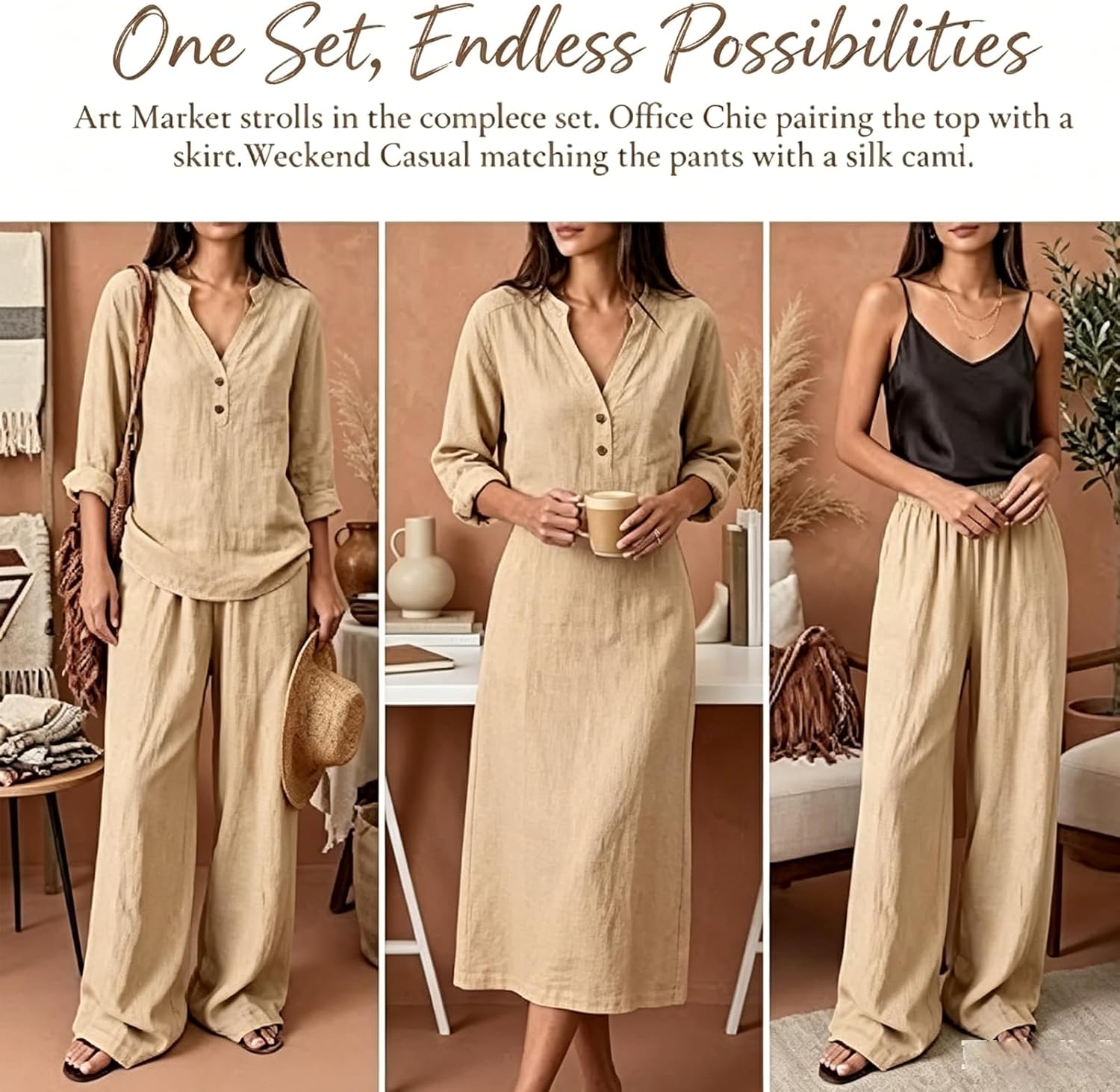 Two Piece Sets for Women Business Casual,Long Sleeve Button Down Shirt and Wide Leg Pants