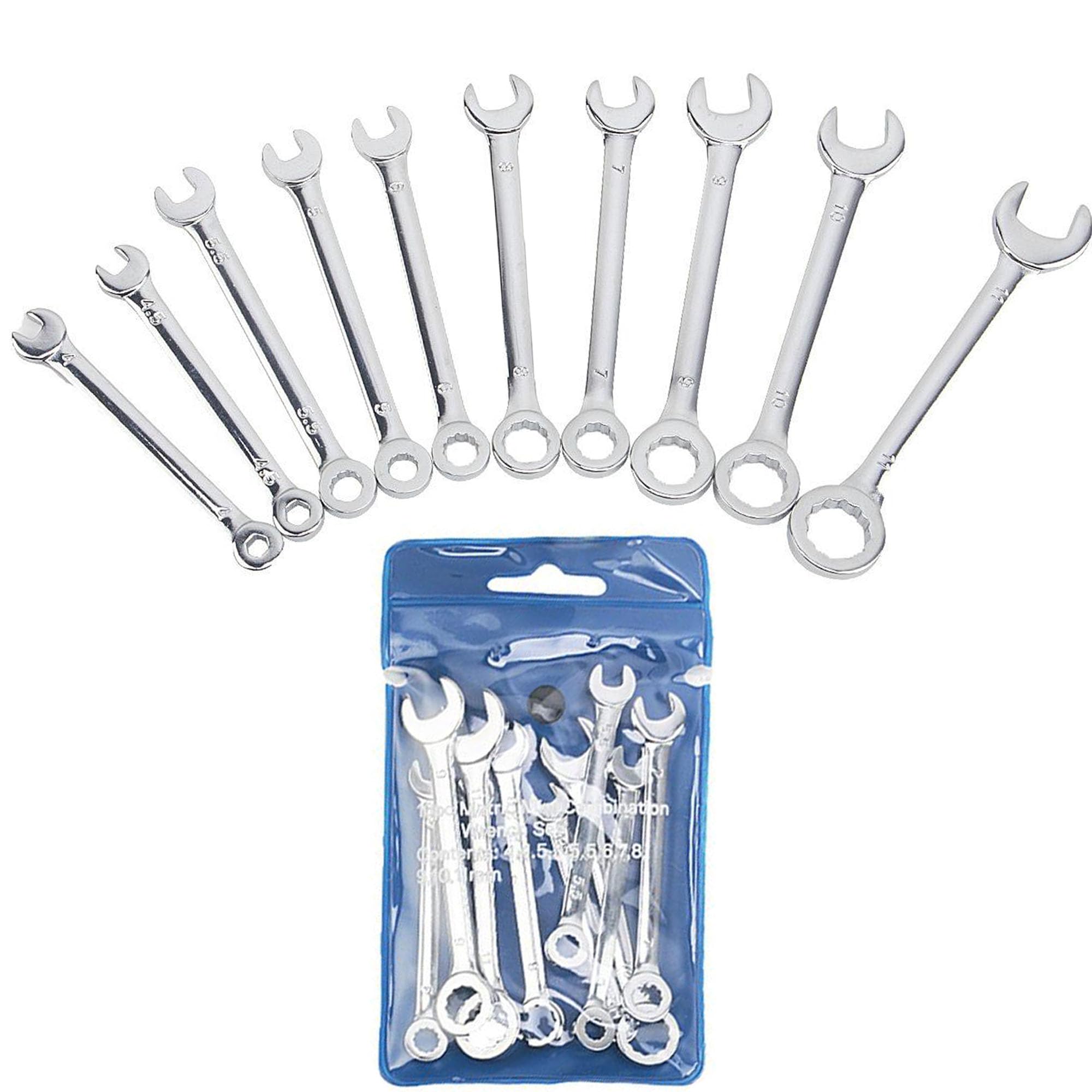 10PCS 4-11mm Mini Wrench Sets, Metric Combination Wrenches Open End & Box End Wrench with Portable Pouch, Dual-use Mini Ignition Spanner Repair Tool for Automotive Bike Industry Machine Home Appliance