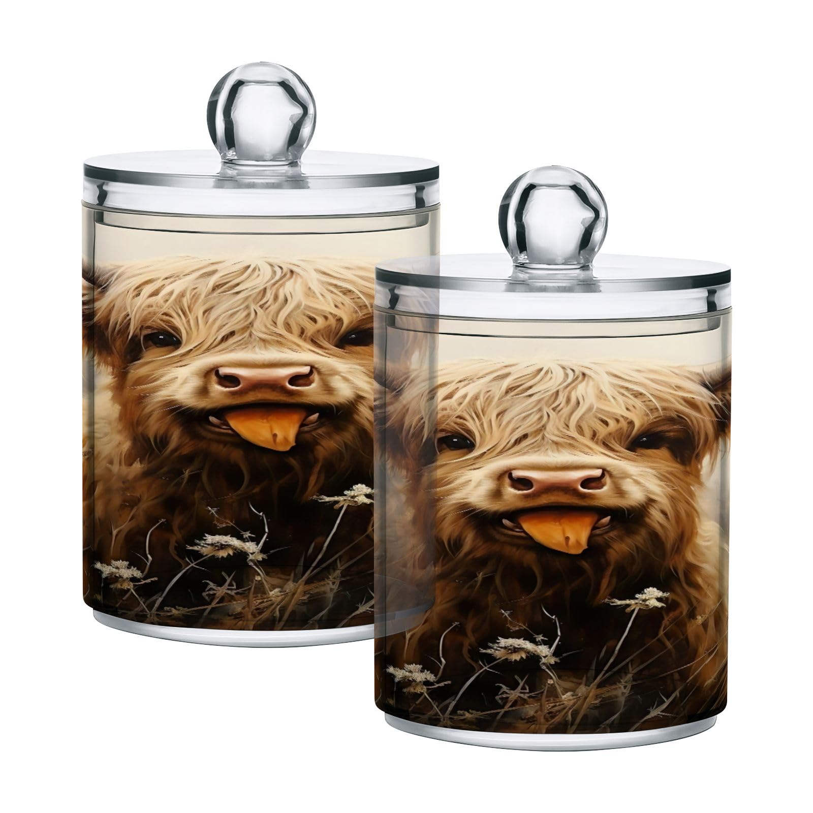GAIREG 2 Pack Toothpick Dispenser Highland Cow Sticking out Tongue Apothecary Jars Bathroom Vanity Organizer