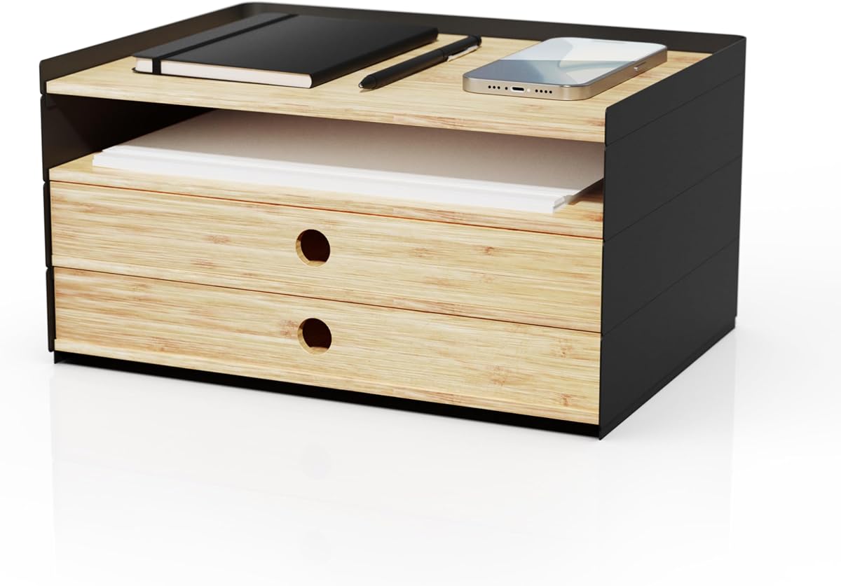 3-Tier Bamboo Desk Organizer with 2 Drawers - Wood Paper Tray for Clean Desktop Setup - Compact Office Storage Solution - Stylish Desktop Organizer, 12.5" L x 8.8" W x 1.6" H