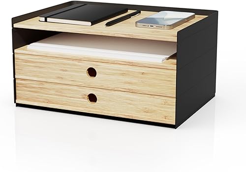 Prosumer's Choice Organizador de escritorio de bambú de 3 niveles con 2 cajones, bandeja de papel de madera para una configuración limpia del