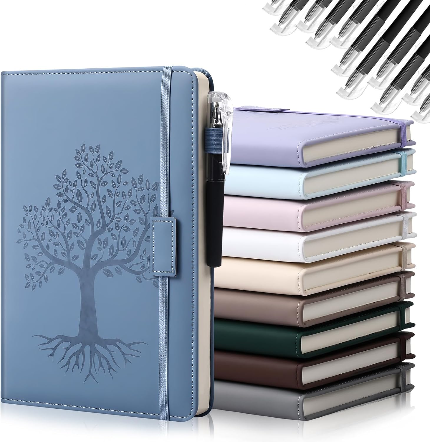 Estune 10 Pack Lined Journal Notebook A5 Tree of Life Hardcover Leather Journal with 10 Pen, College Ruled Notebook for Travel, Business, Work, Office, School Note Taking Diary(Soft Color)