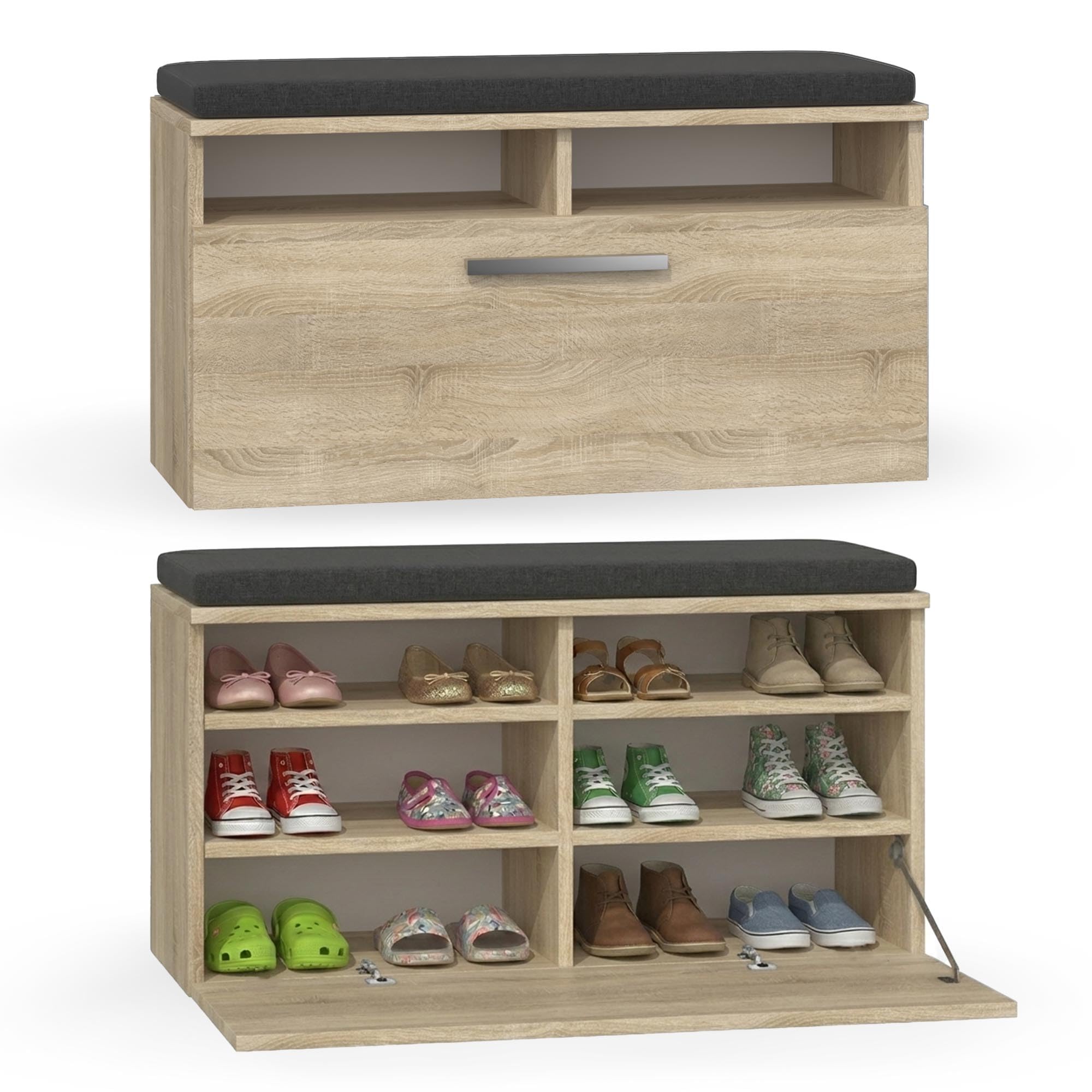 CDF Armario de zapatos Riva | Color: roble Sonoma | Ideal para pasillo, pasillo, oficina | Almacenamiento | Asiento cómodo (cojín) | Moderno | Puerta batiente