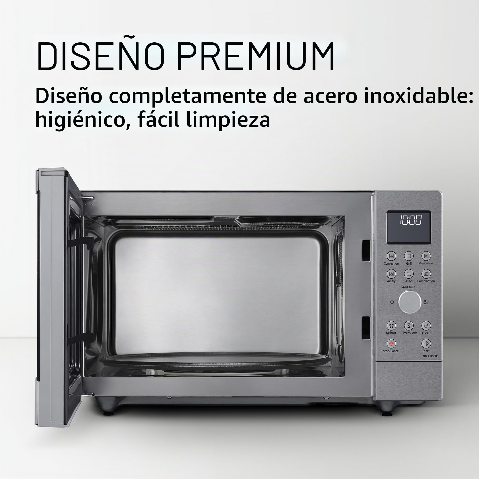 Panasonic NN-CD58RSEPG Horno Microondas Combinado 4 en 1 de 27 L con Freidora De Aire, Inverter de 1000 W, Grill de 1300 W, Convección, 19 Programas Automáticos, Acero iInoxidable