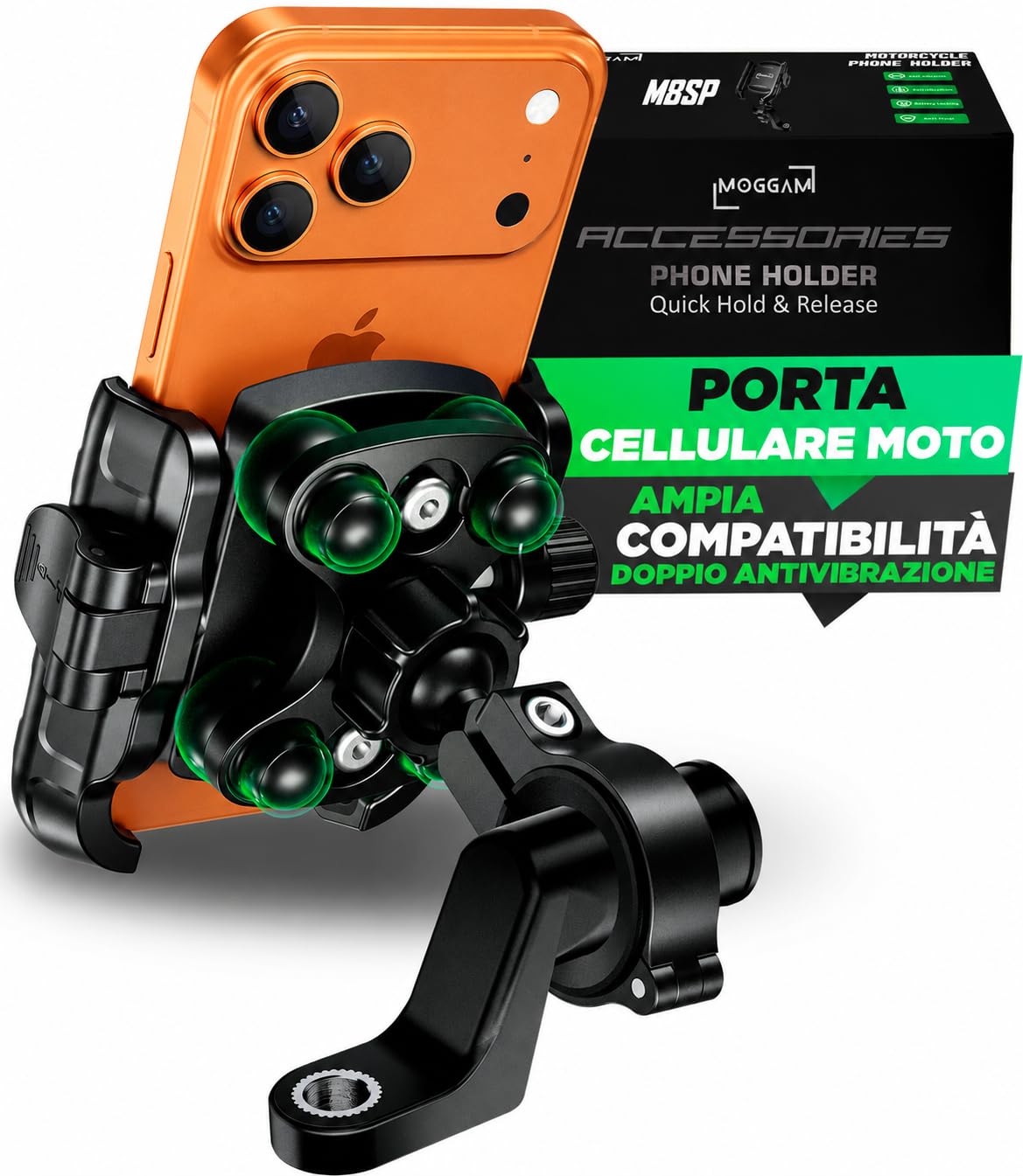 Porta Cellulare Moto Antivibrazione Alluminio CNC Doppio Fissaggio Manubrio 22-32 mm Specchietto 12-14 mm Sgancio Rapido Design Aperto Compatibile Scooter Bici Monopattino Elettrico Rotazione 360°