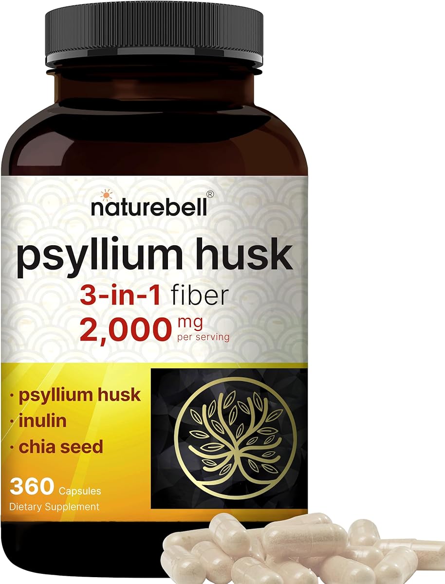 NatureBell Psyllium Husk Capsules 2,000mg Per Serving, 360 Count, with Inulin & Chia Seed – Soluble Fiber for Digestion – Plant Based Herbal Fiber Supplement, Non-GMO, Gluten Free