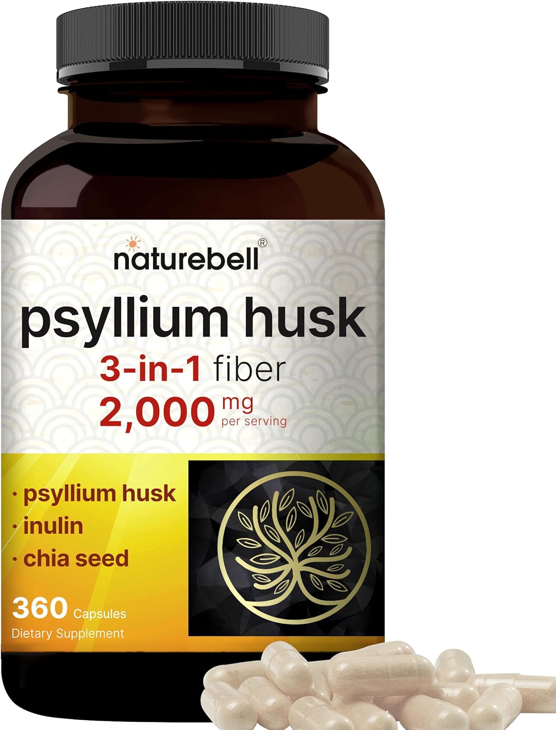 NatureBell Psyllium Husk Fiber Capsules 2,000mg Per Serving, 360 Caps | Soluble Fiber Supplement | 3-in-1 with Inulin & Chia Seed | Plant Based, Non-GMO, Gluten Free