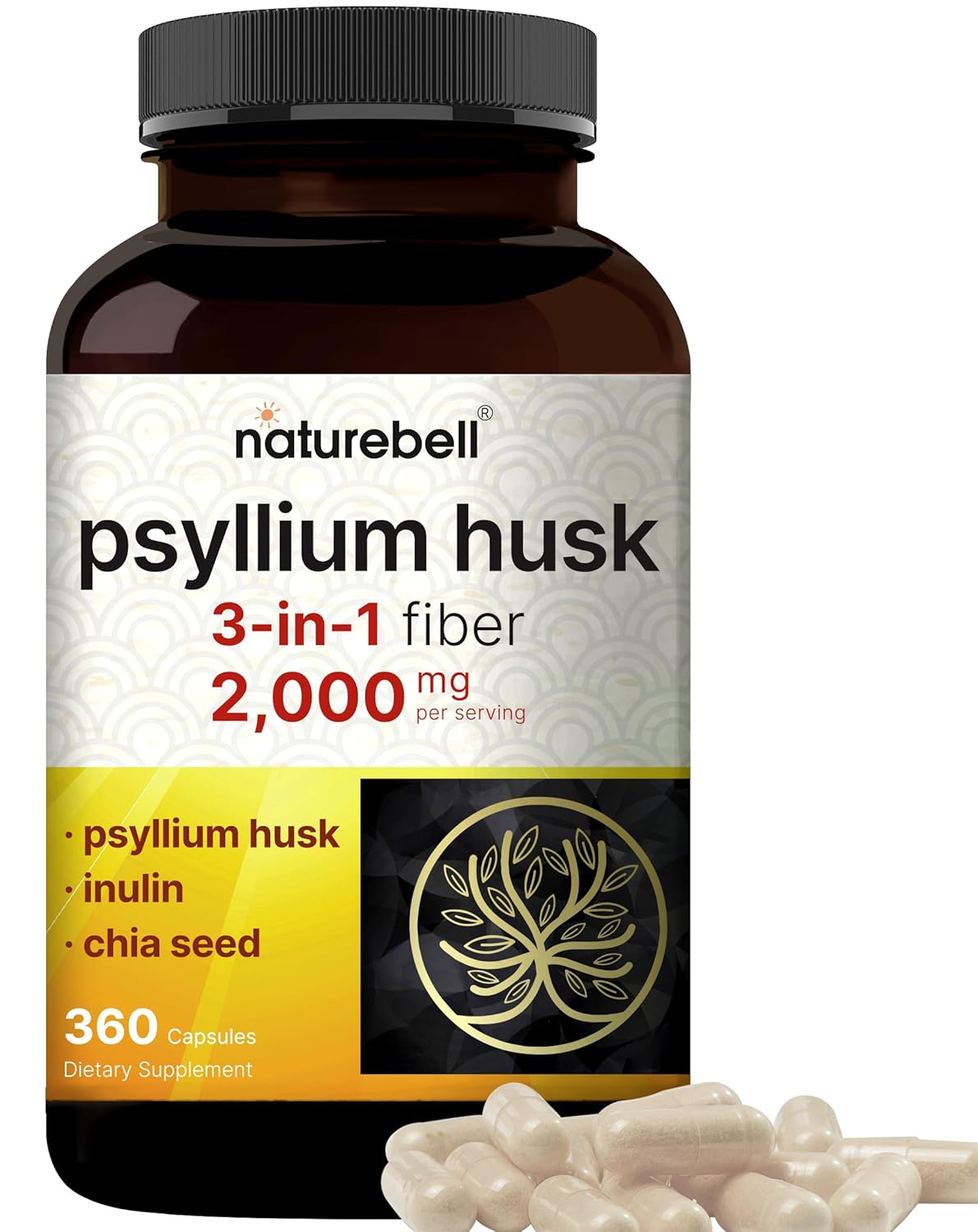 Cápsulas de Psyllium Husk NatureBell 2.000mg por Porção, 360 Contagem – Fibra Solúvel para Digestão – Suplemento de Fibra Herbal à Base de Plantas, Sem OGM, Sem Glúten
