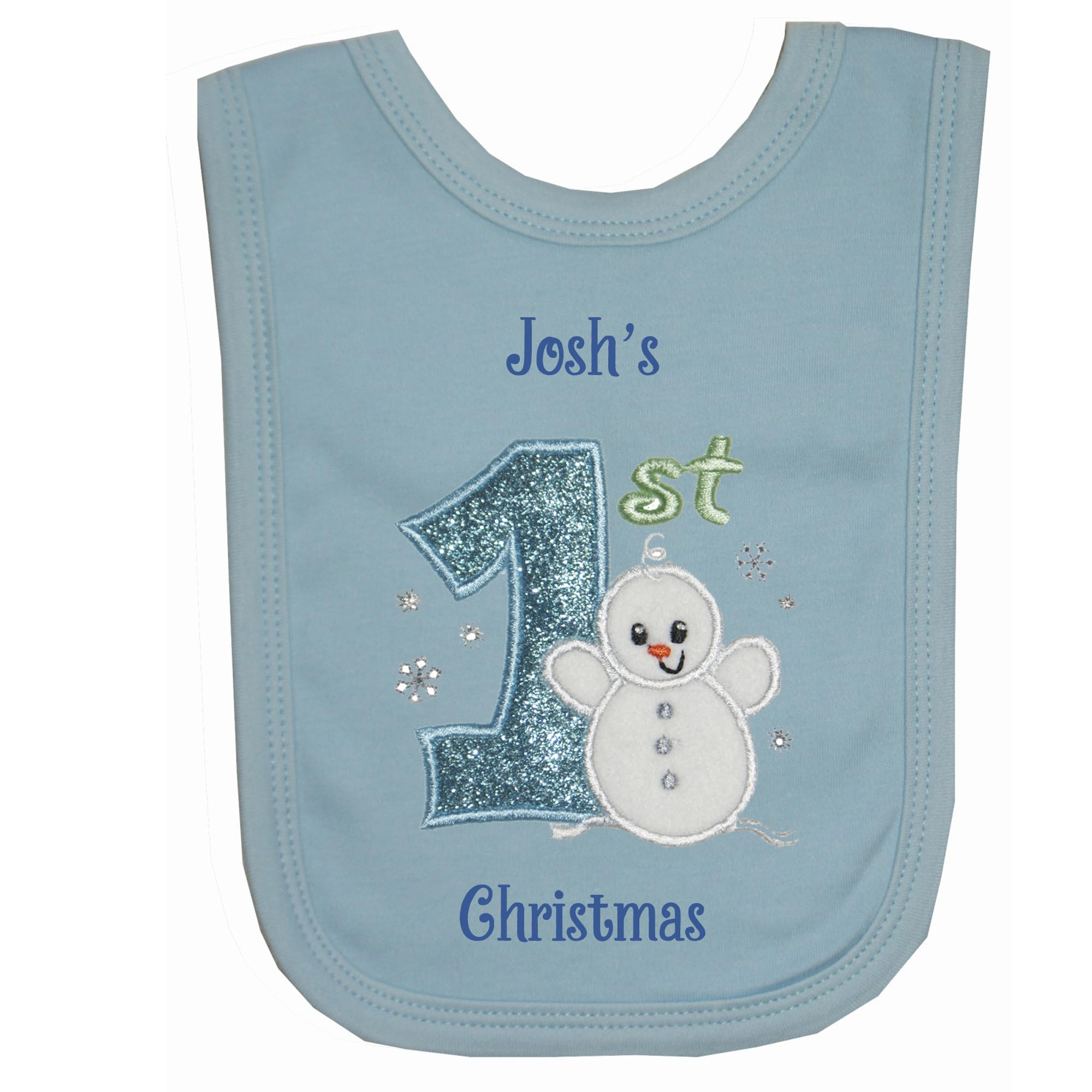 Oh Sew Simple Boys Blue Bib Baby Snowman Personalised 1St Christmas Bib - Embroidered With The Name Of Your Choice (11 Letters Max) (Blue Bib)