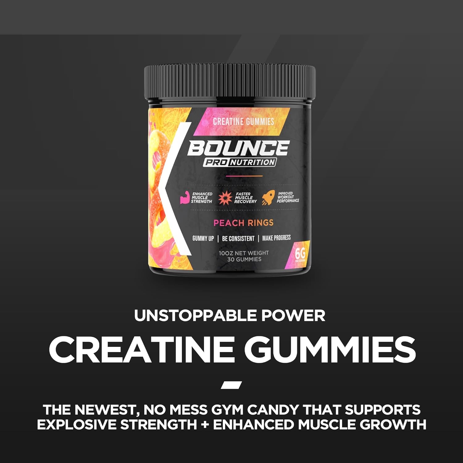 Bounce Pro Creatine Monohydrate Gummies for Men & Women, Low Calorie, 6G of Creatine per Serving, Vegan, Anti-Melting, Gluten-Free, Non-GMO, 2g of Creatine per Gummy (30ct, Peach Rings)