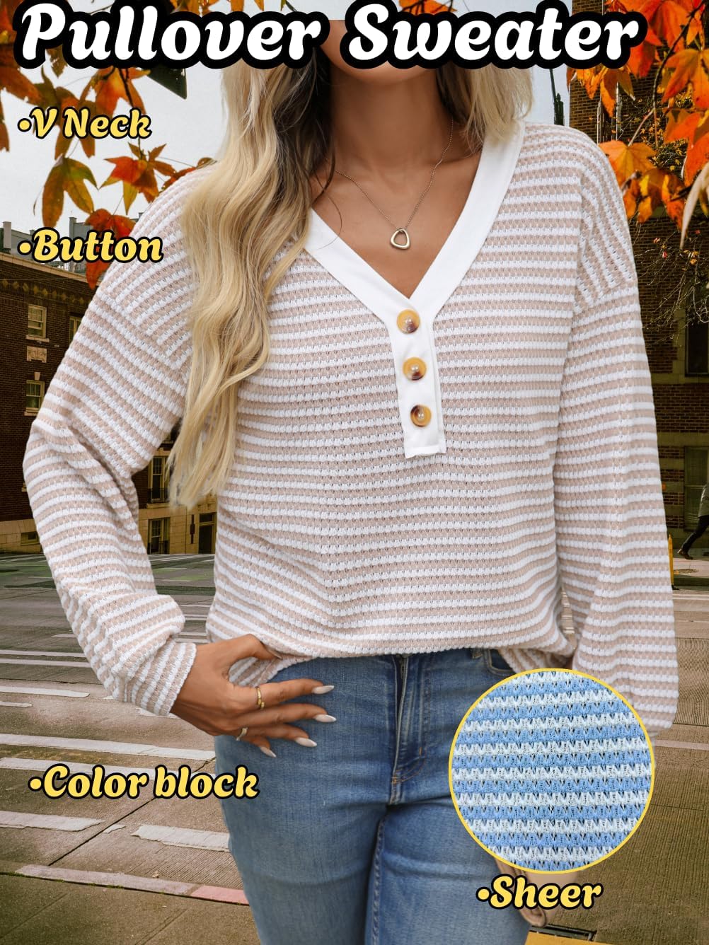 Striped Henley Shirts,V Neck Long Sleeve Knit Tops,Women Fall Clothes Going Out - Image 3
